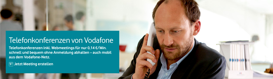 Telefonkonferenz von Vodafone: Telefonkonferenzen ink. Webmeetings für nur only 0,14€/Min. schnell und bequem ohne Anmeldung abhalten – auch mobil aus dem Vodafone D2-Netz.